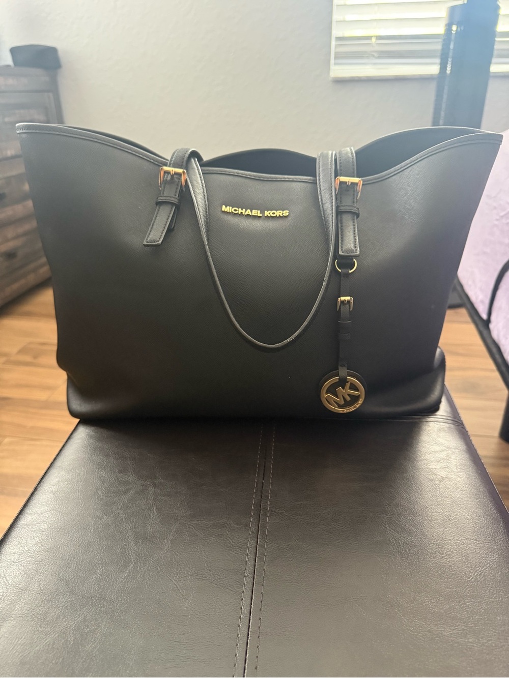Michael Kors Black Leather Tote with Gold Hardware